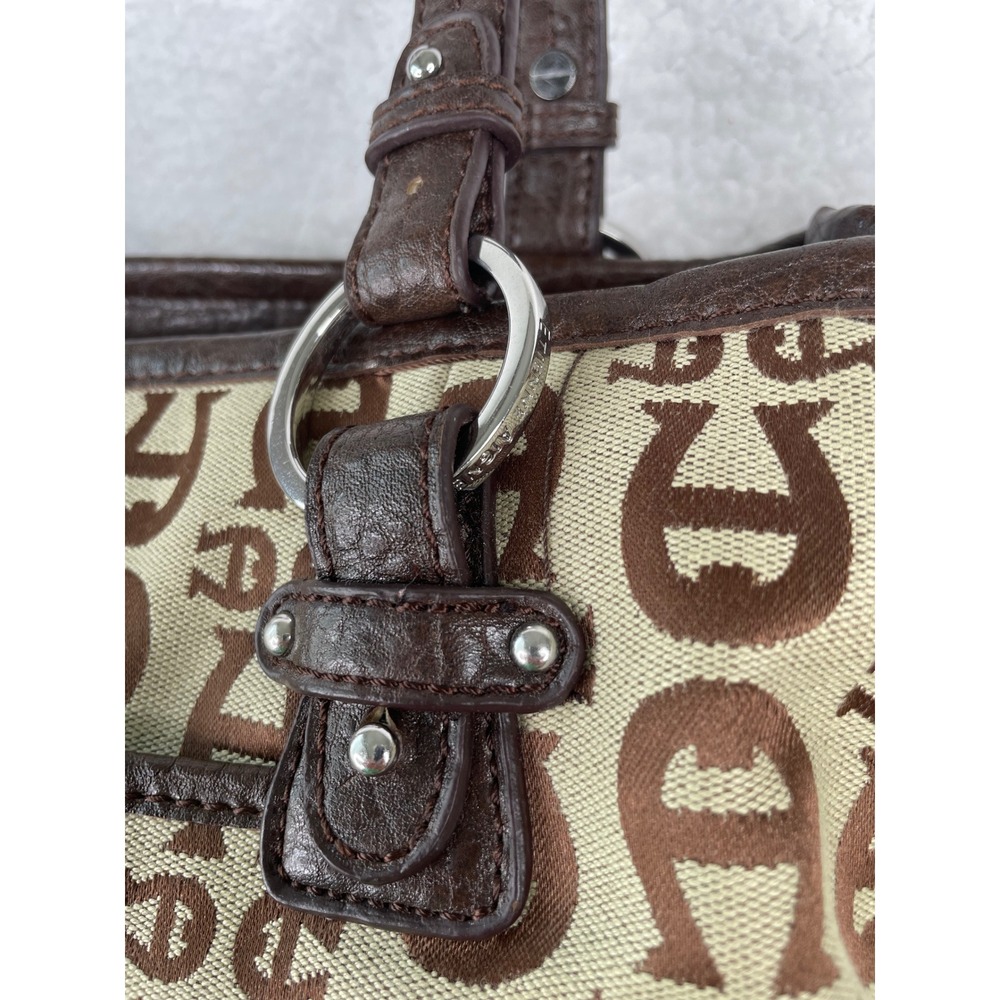 Etienne Aigner Monogram Jacquard Shoulder Bag Brown Tan Faux Leather Trim Tote - Picture 3 of 14
